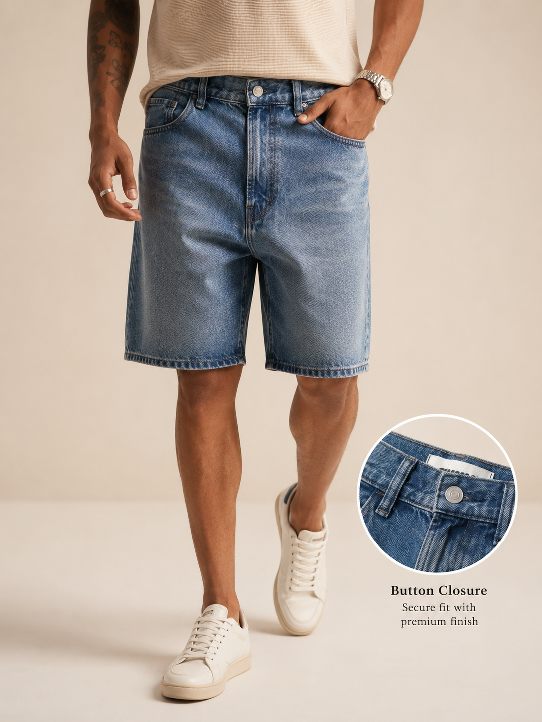 Men Blue Washed Denim Shorts