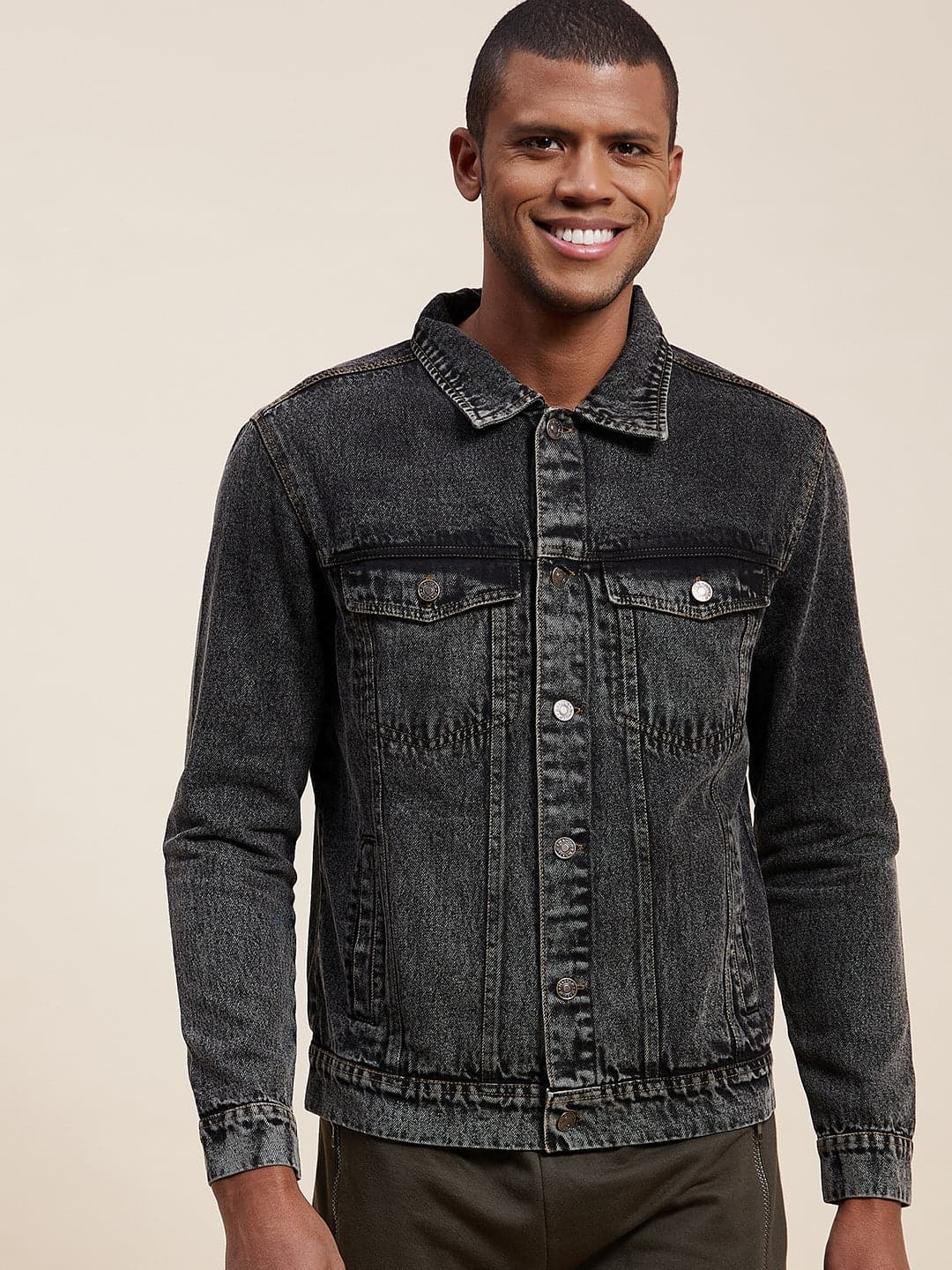 Men Black Washed Denim Jacket