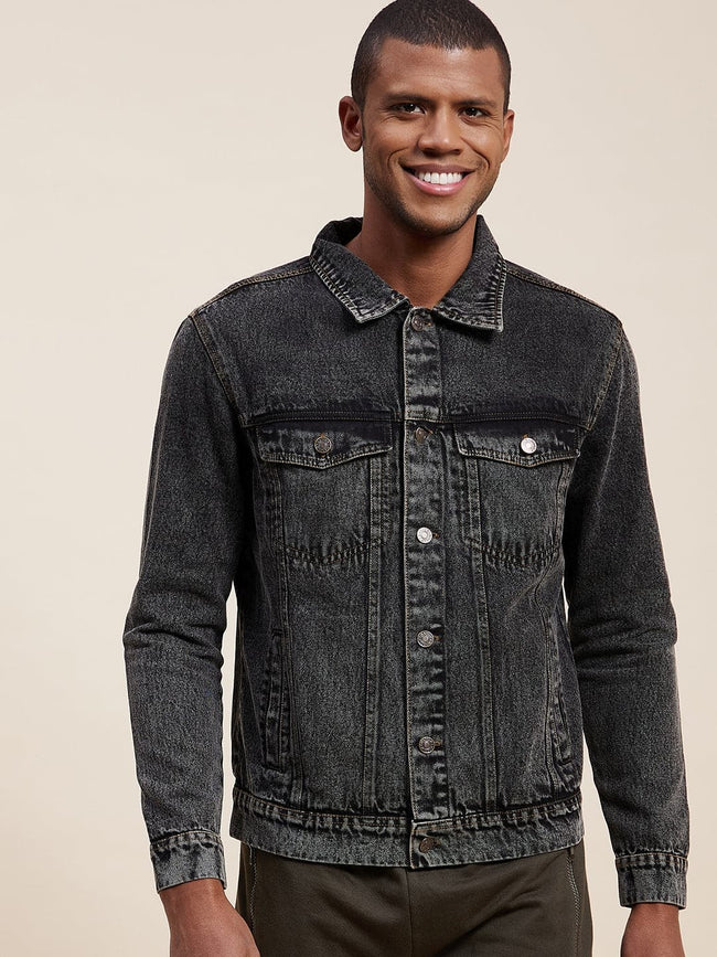 Men Black Washed Denim Jacket