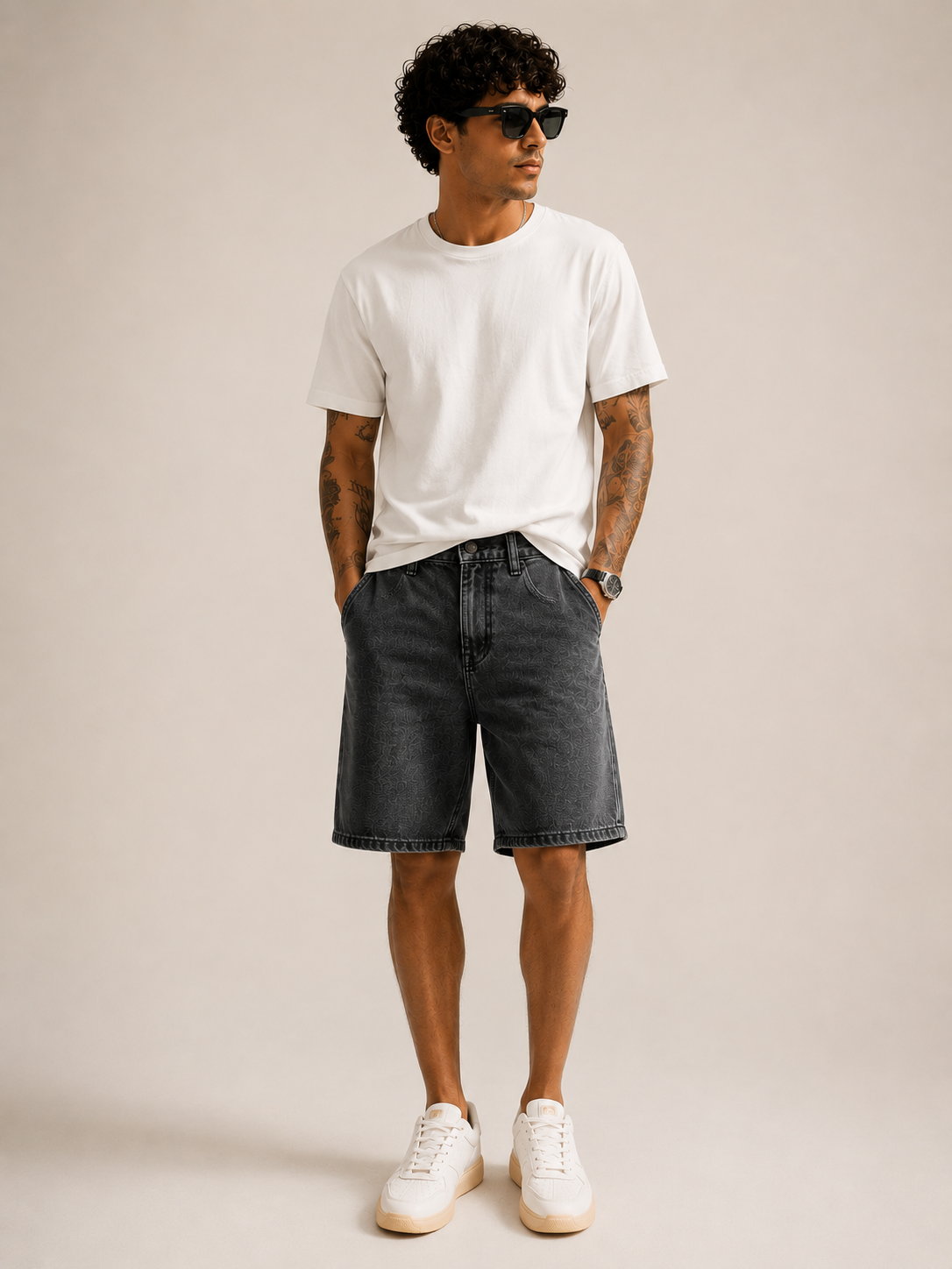 Men Black Washed Denim Shorts