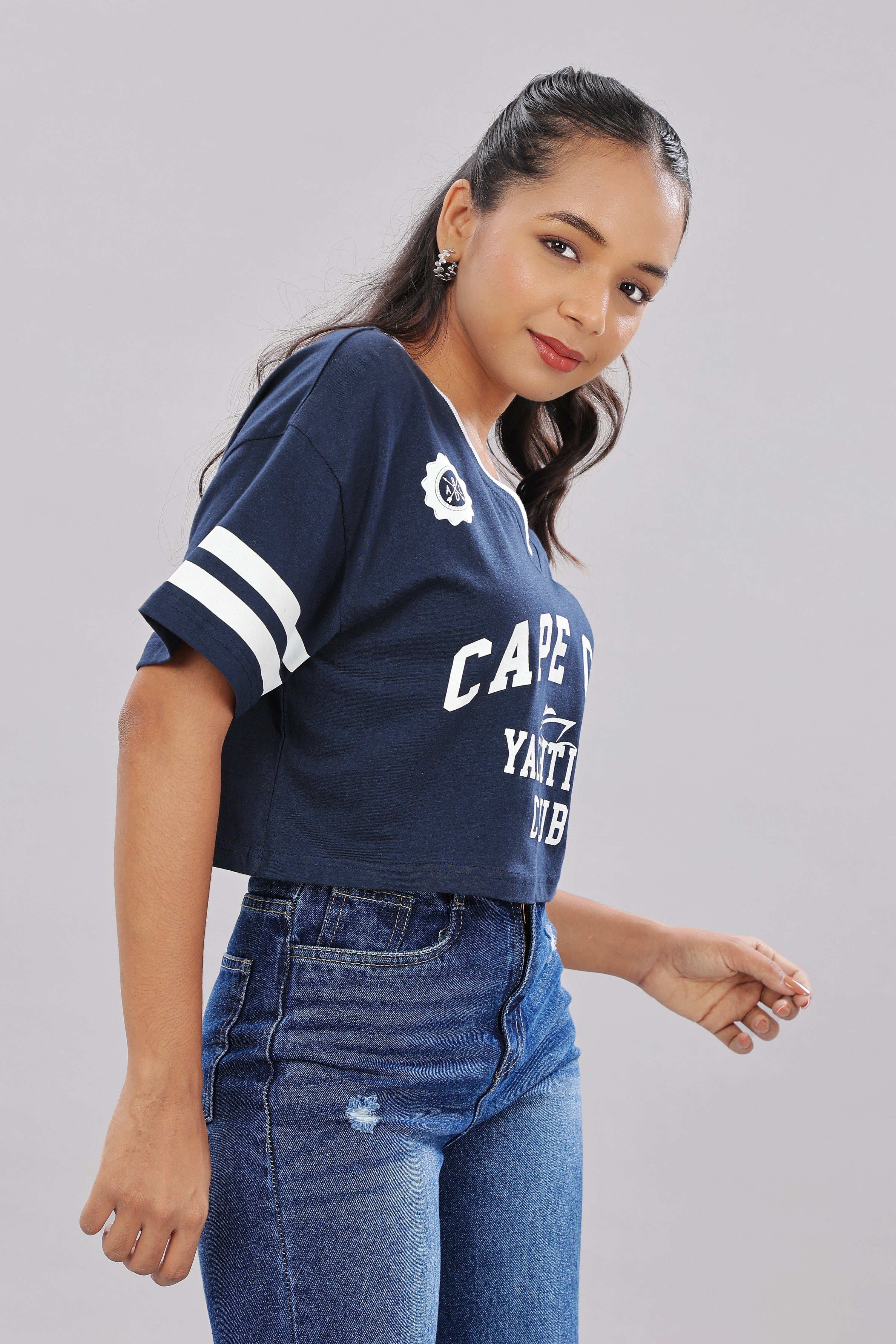 Women Printed Blue Cotton Tshirt