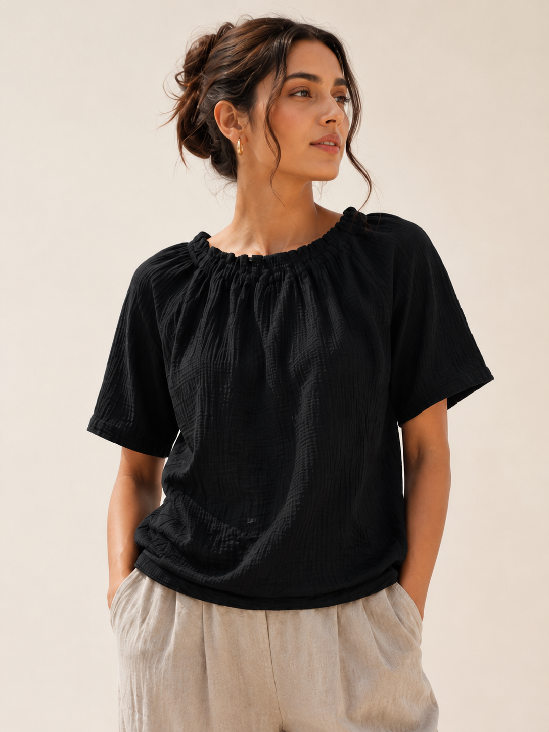 Women Black Gathered Neck Top