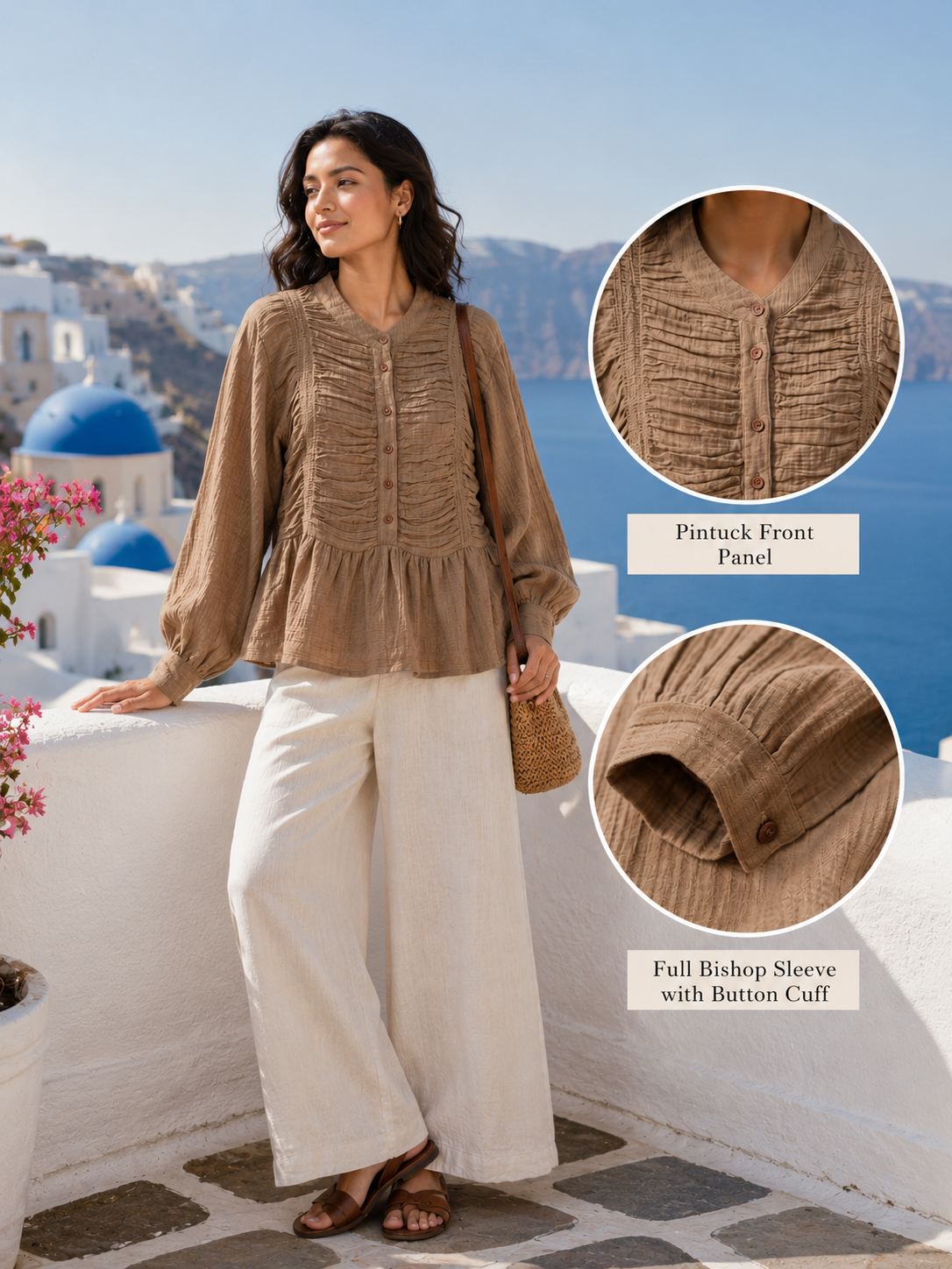 Women Brown Ruffle Front Peplum Top