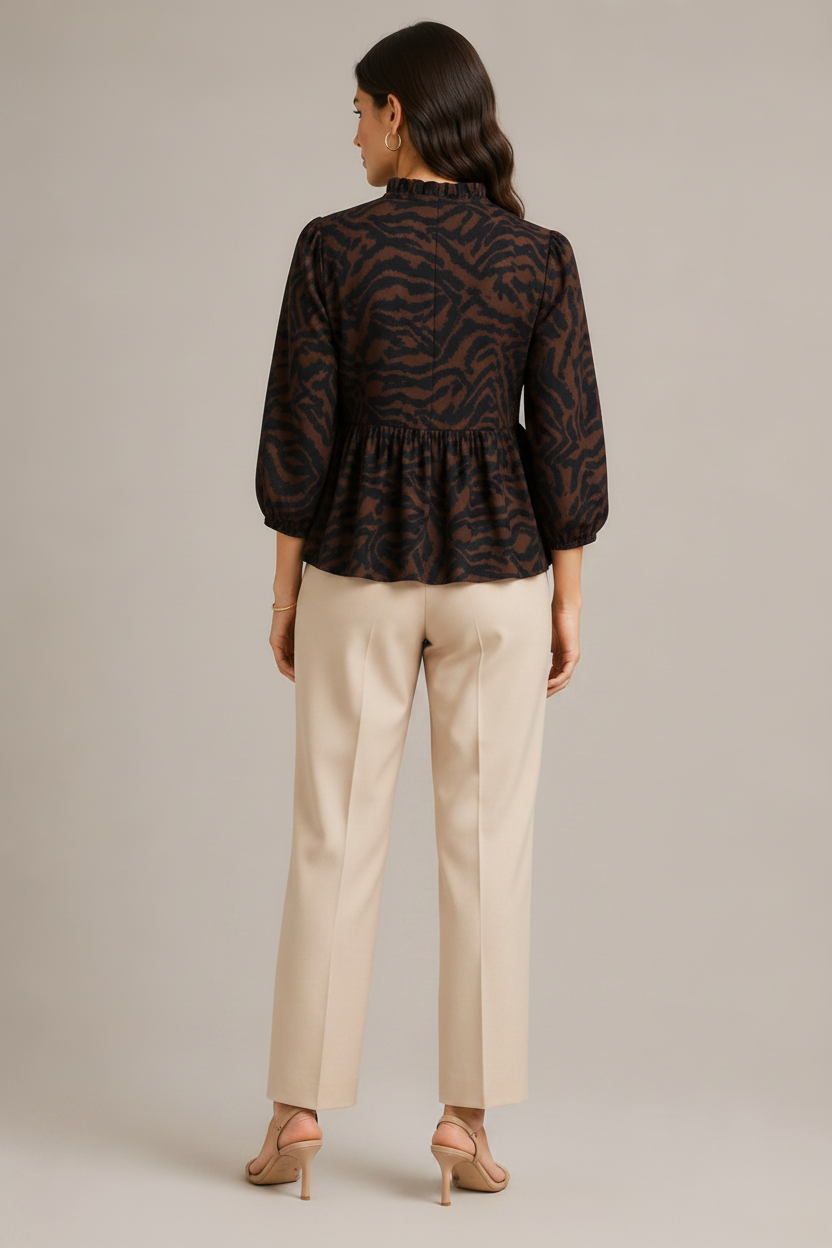Women Tiger Print Tie-Neck Peplum Top