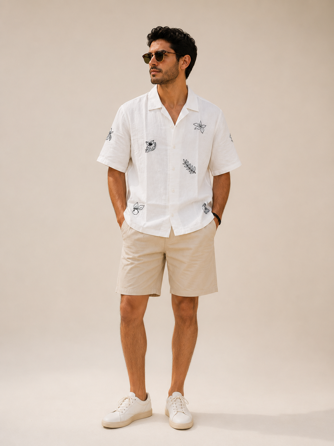 Men White Pure Linen Shirt with Botanical Embroidery