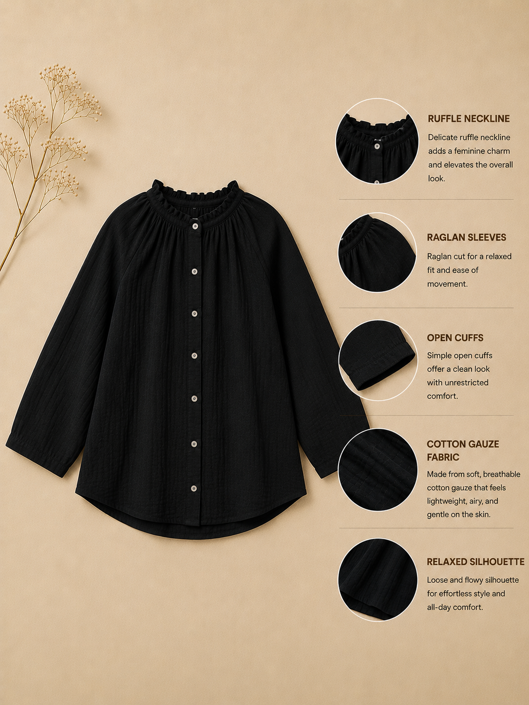 Women Black Ruffle Neck Top