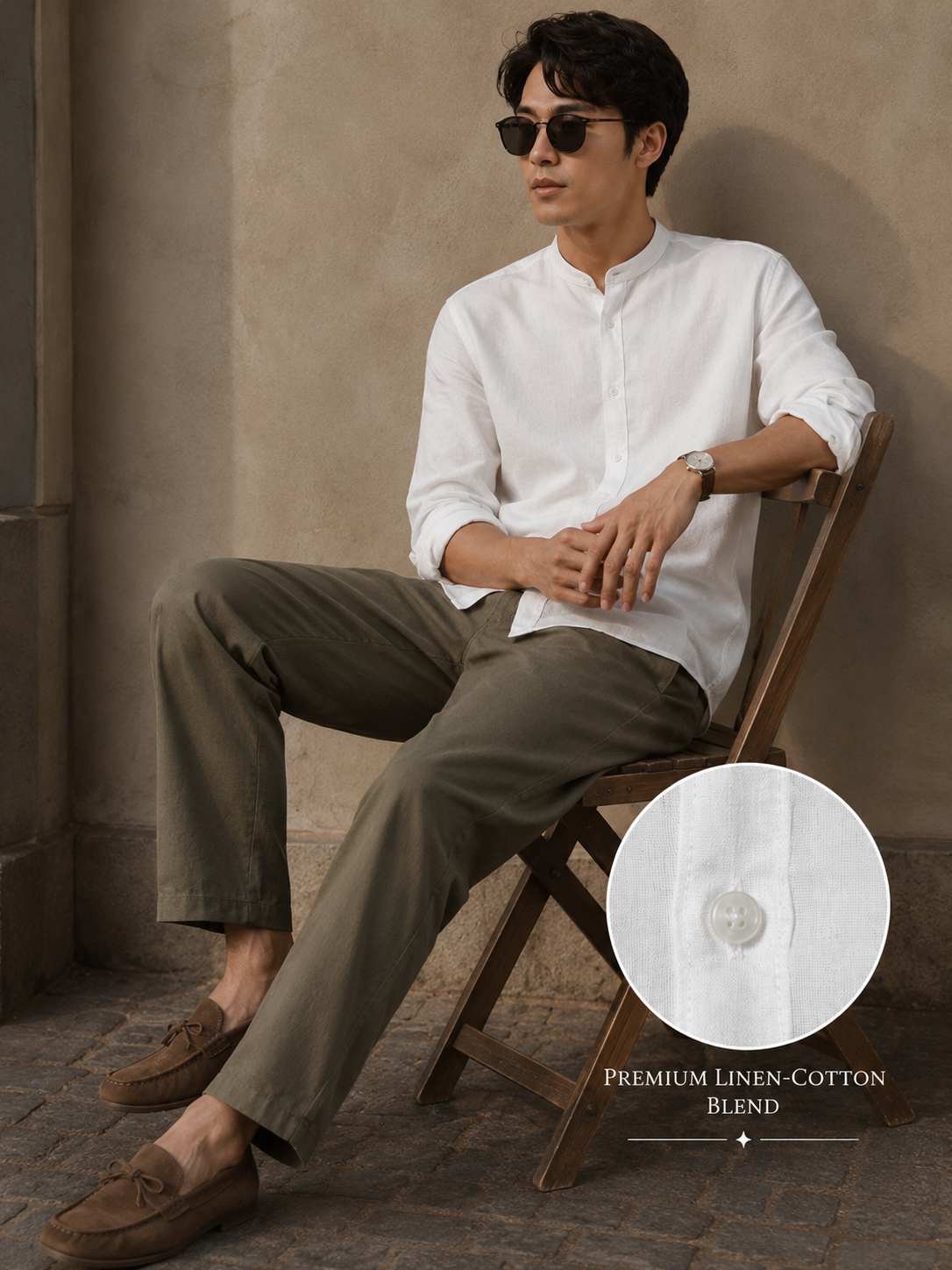 Men White Linen Band Collar Shirt