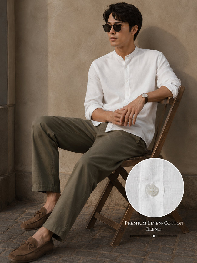 Men White Linen Band Collar Shirt