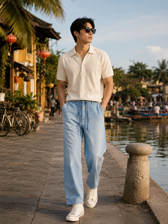 Men Light Blue Drawstring Denim Jeans