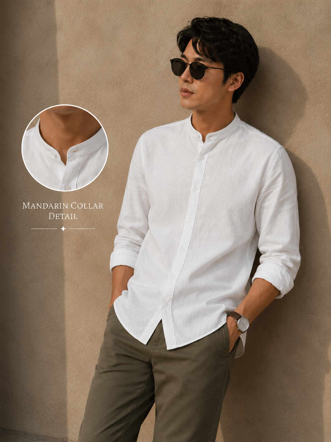 Men White Linen Band Collar Shirt