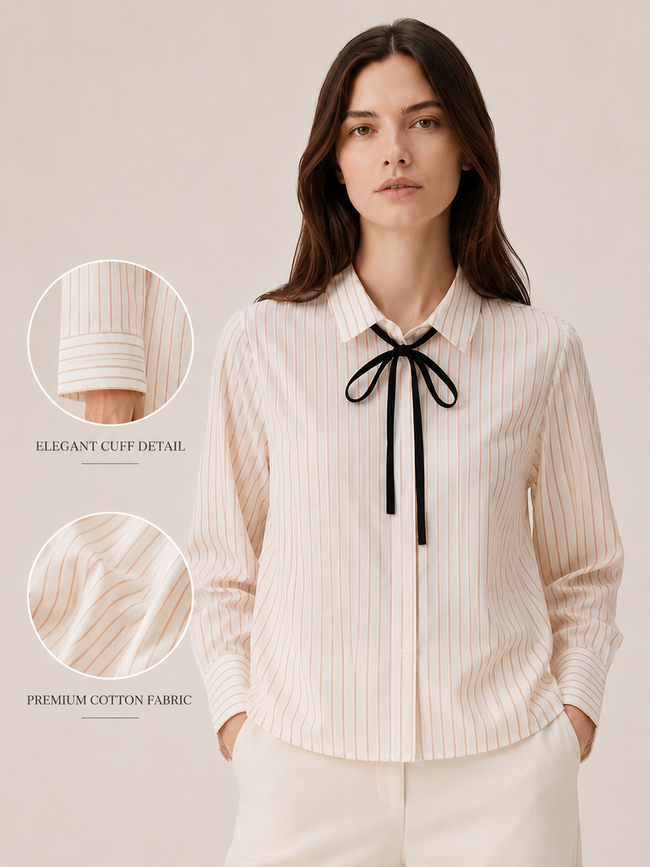 Women Soft Blush Pink Stripe Tie-Neck Shirt