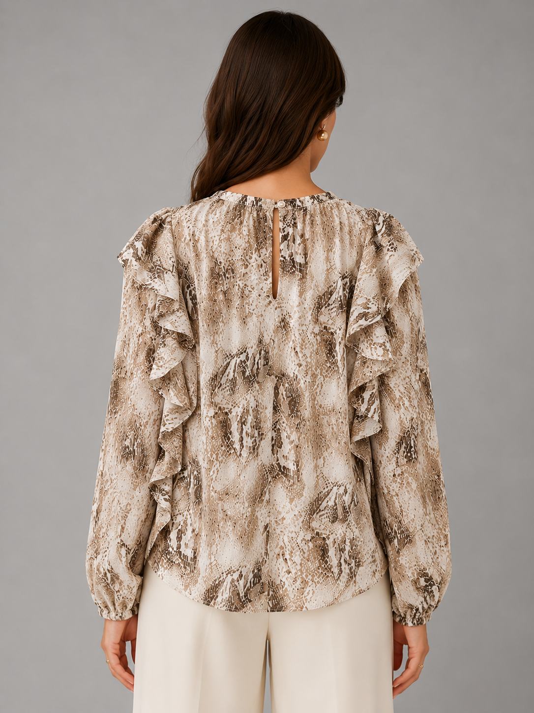 Women Brown Printed Frill Top