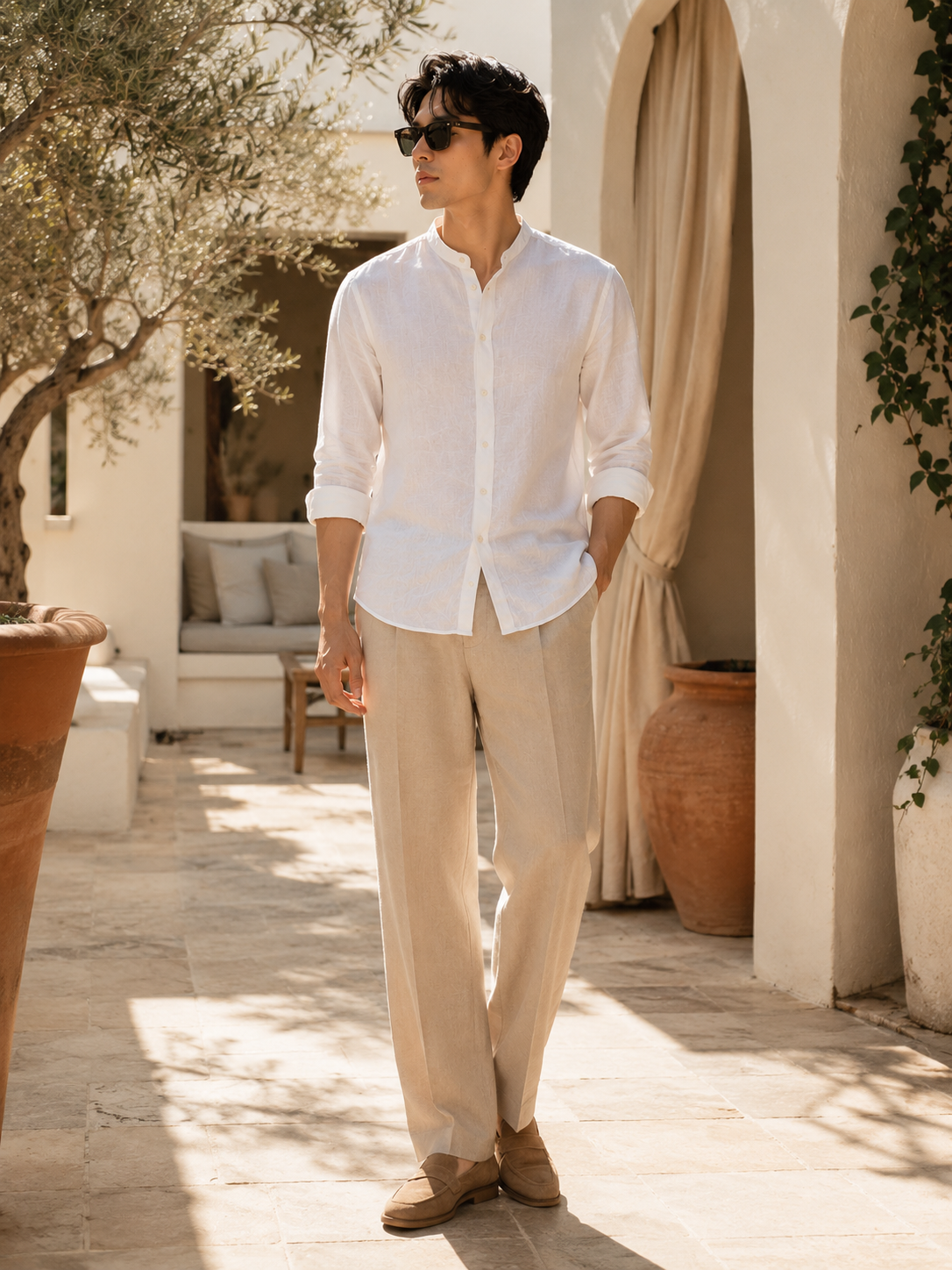 Men White Linen Essential Mandarin Shirt