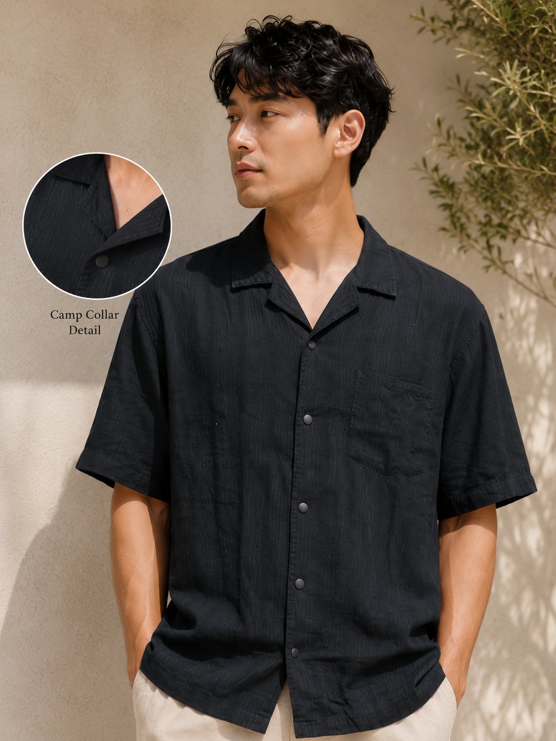 Men Black Textured Camp Collar Shirt