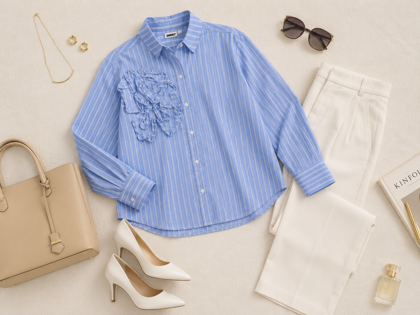 Women Blue Stripe Shirt With Ruffle Detail