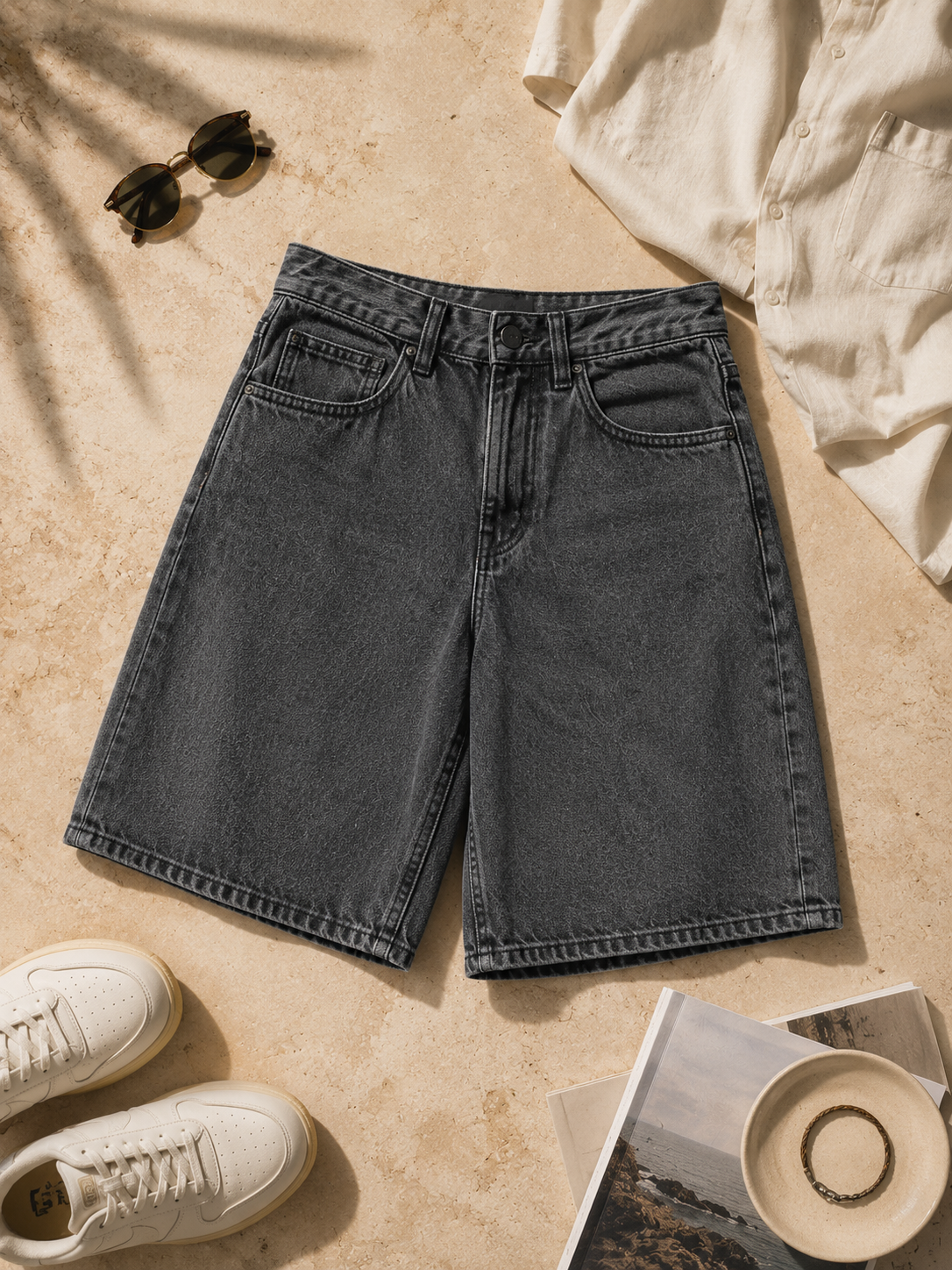 Men Black Washed Denim Shorts