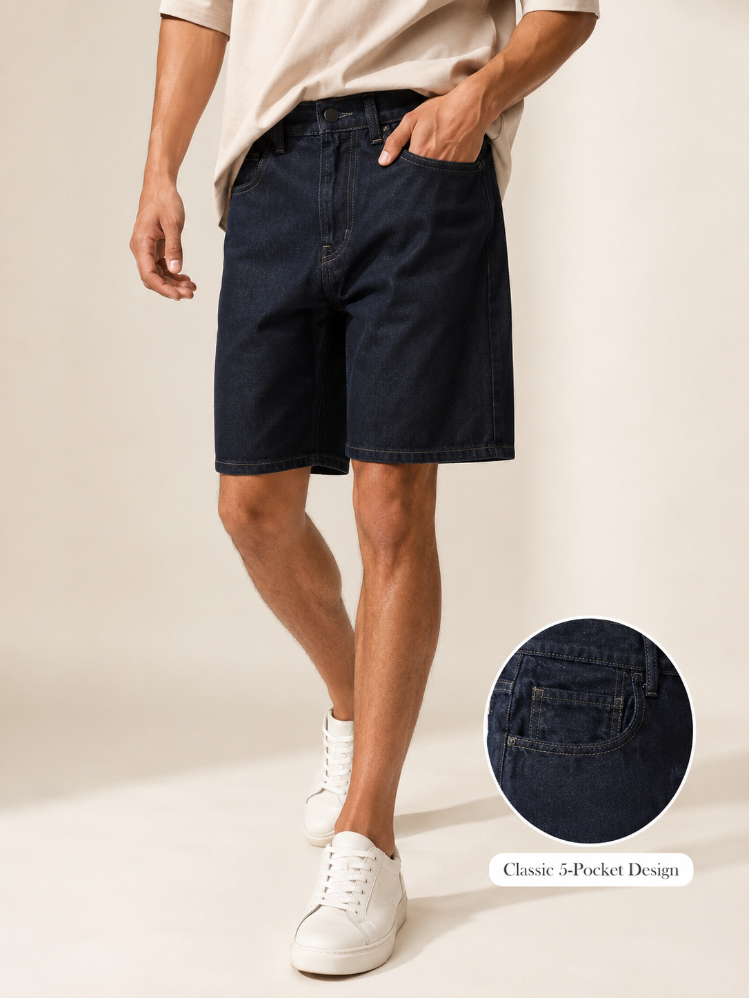 Men Navy Washed Denim Shorts