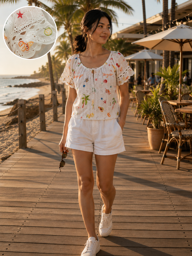 Women Multi Print Schiffli Vacation Top