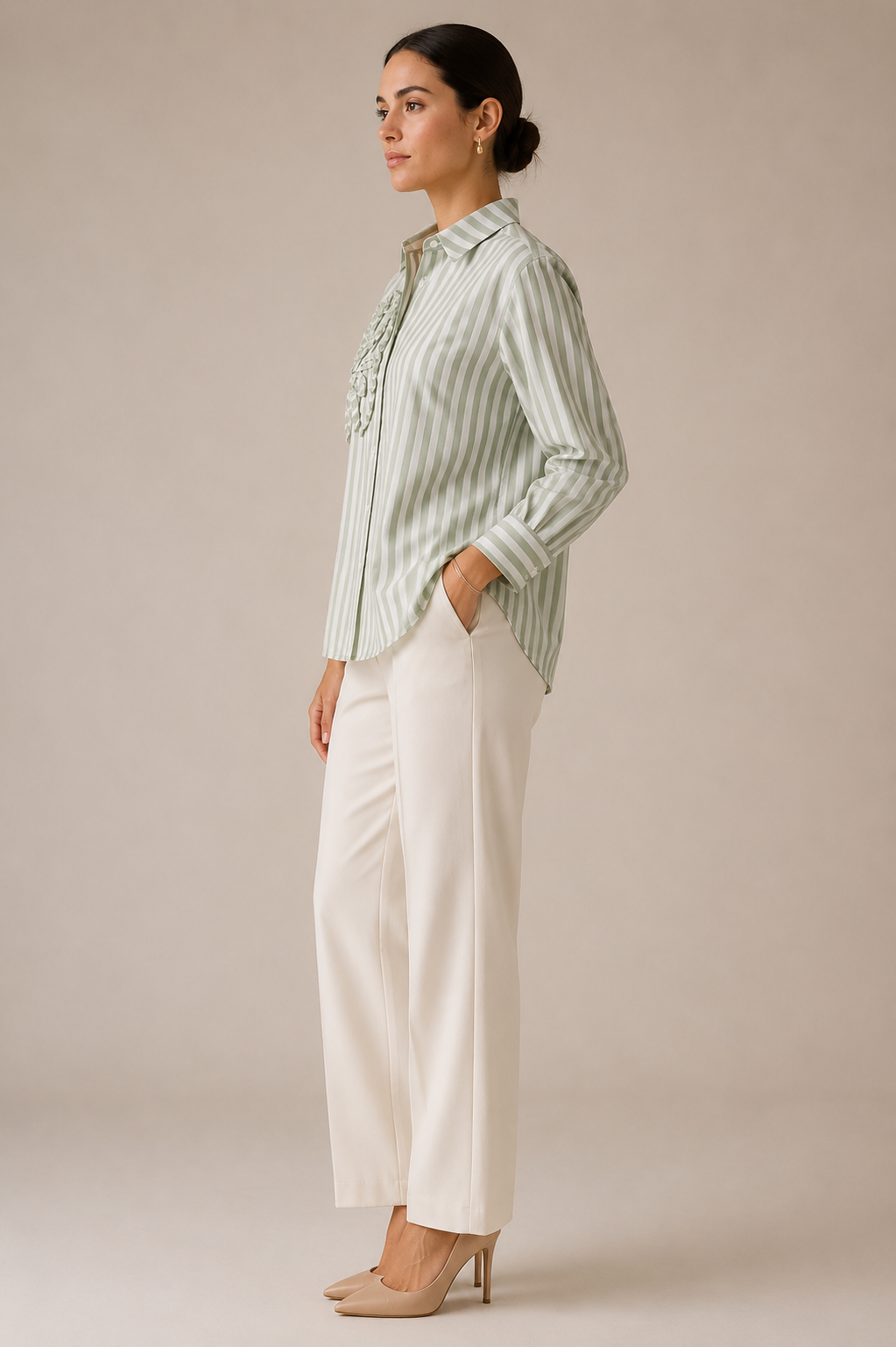 Women Sage Stripe Shirt With Ruffle Detail