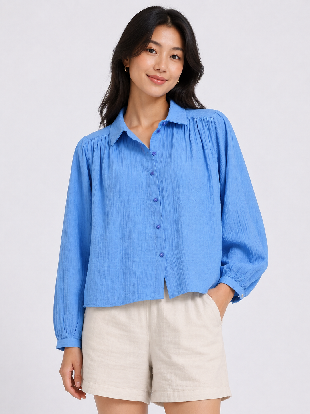 Women Blue Batwing Sleeve Shirt