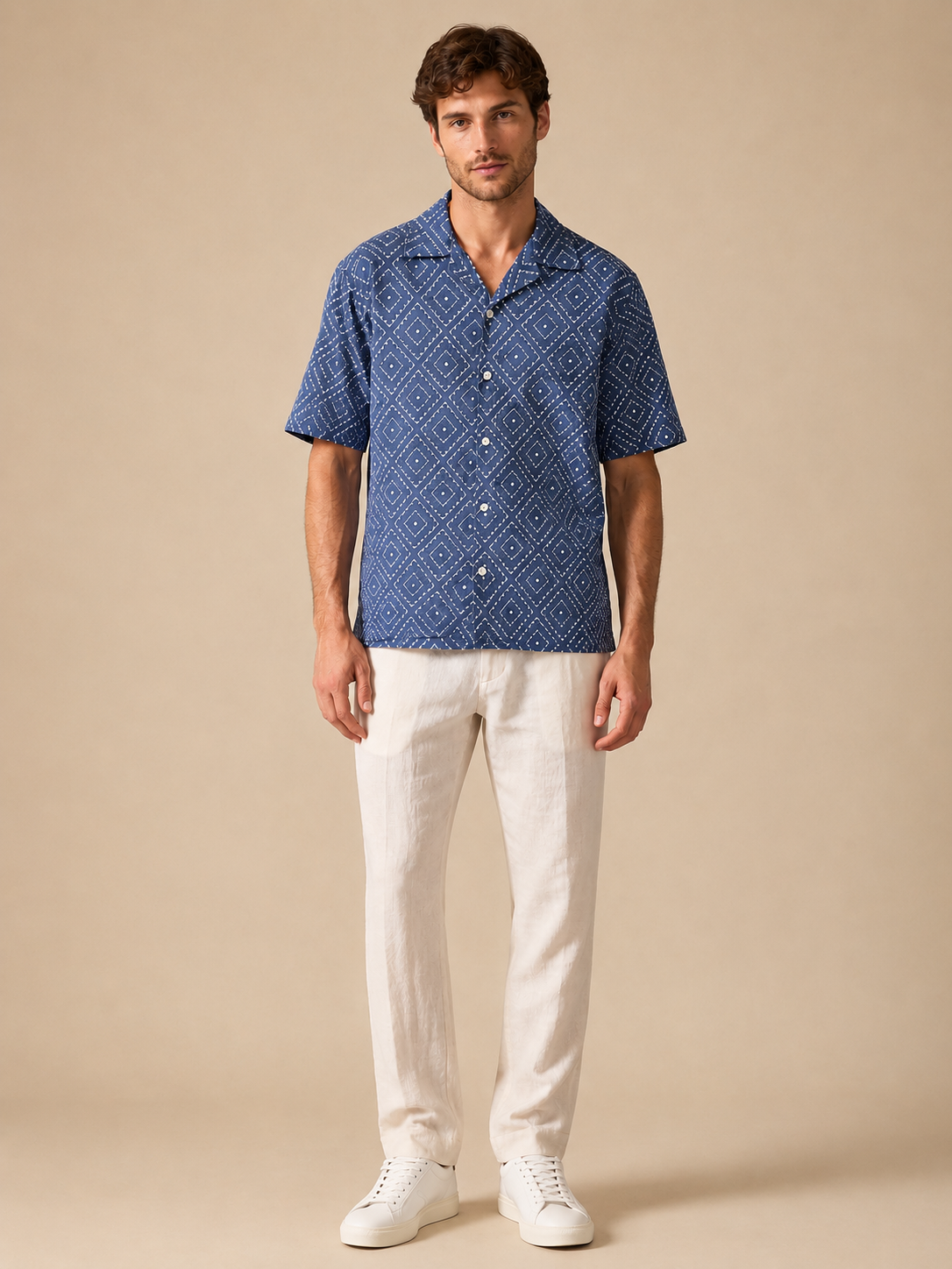 Men Blue Geometric Camp Collar Shirt