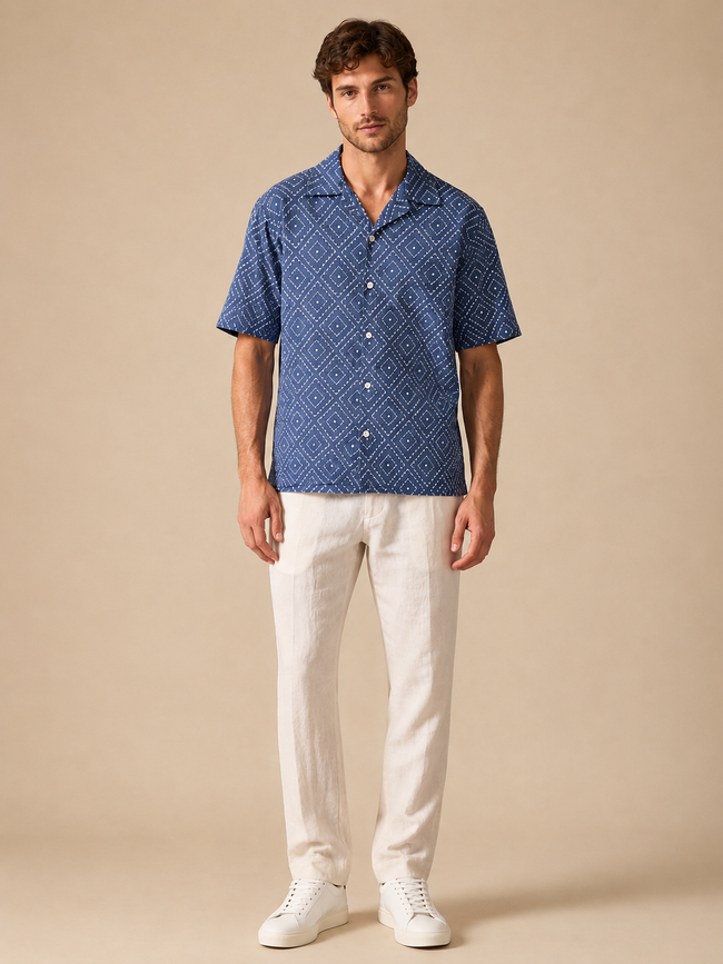 Men Blue Geometric Camp Collar Shirt