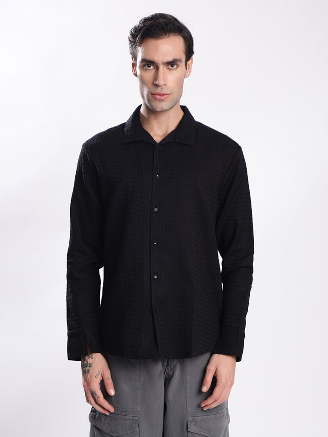 Men Black Textured Shirt with stylized Collar