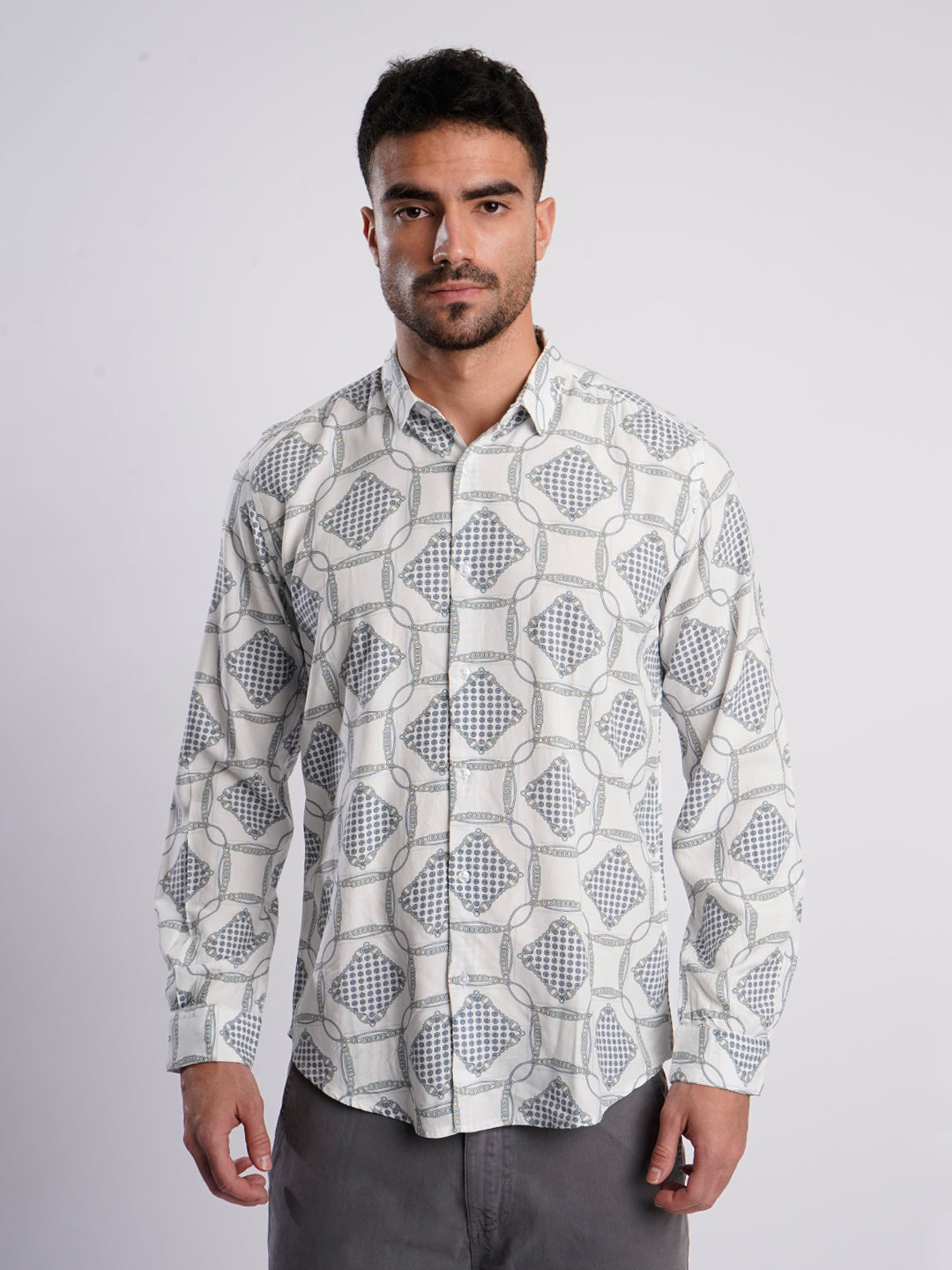 Men White and Blue Abstract Printed Shirt
