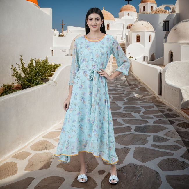 Women Blue Floral Chiffon Maxi Dress
