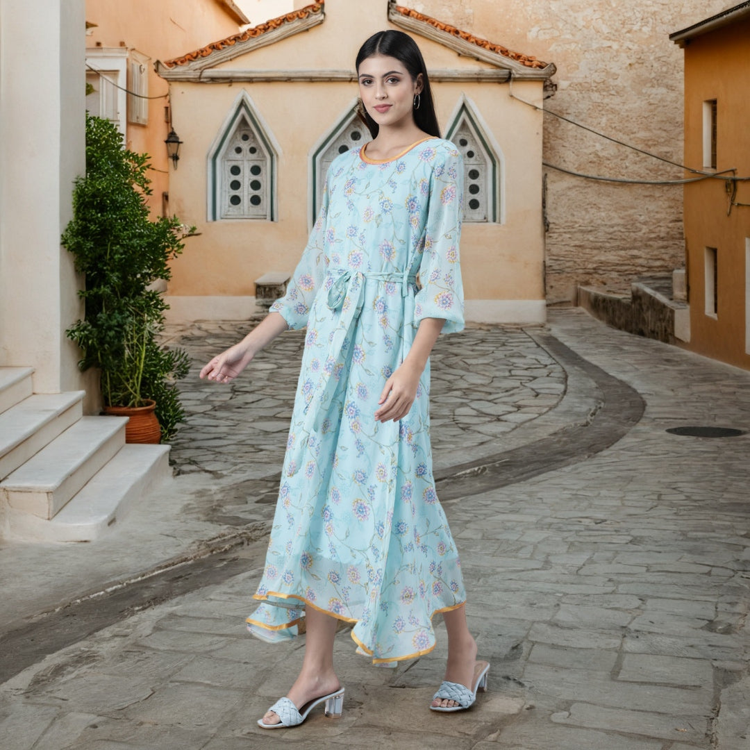 Women Blue Floral Chiffon Maxi Dress