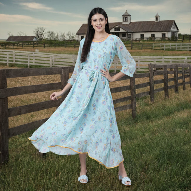 Women Blue Floral Chiffon Maxi Dress