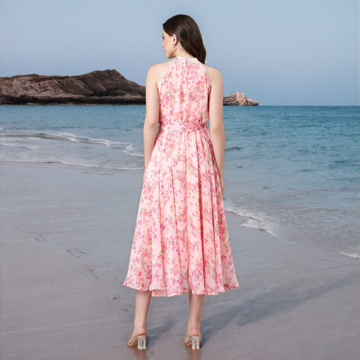 Women Pink Floral Chiffon Dress