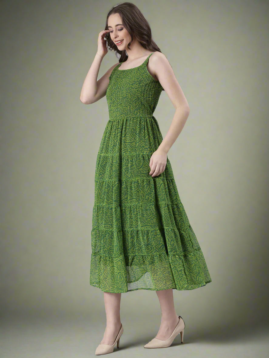 Women Green Varlie Printed Tiered Dress