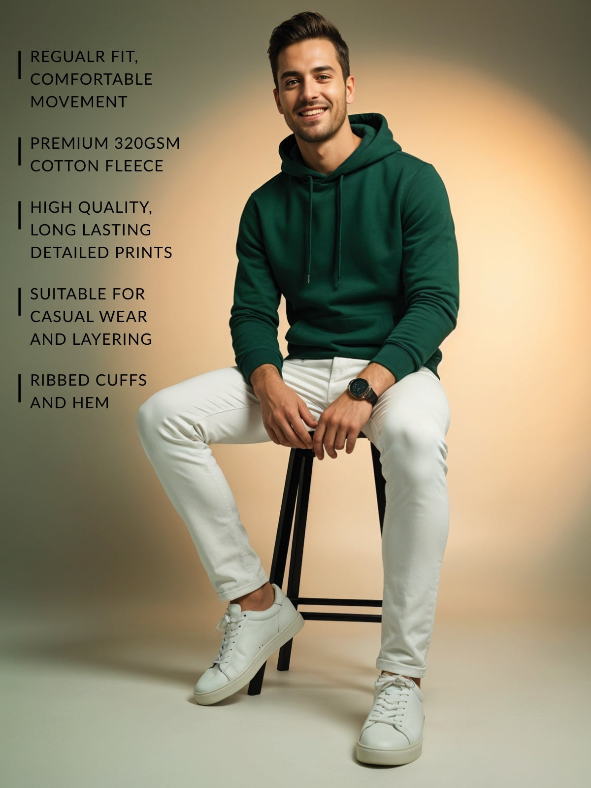 Men Green Cotton Fleece Printed Hoodie