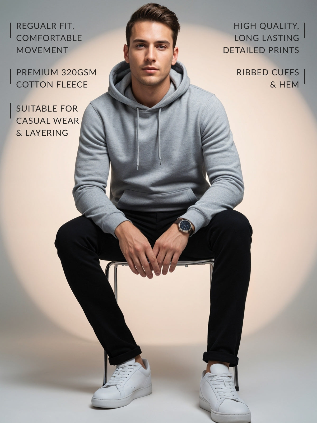 Men Grey Cotton Fleece Hoodie