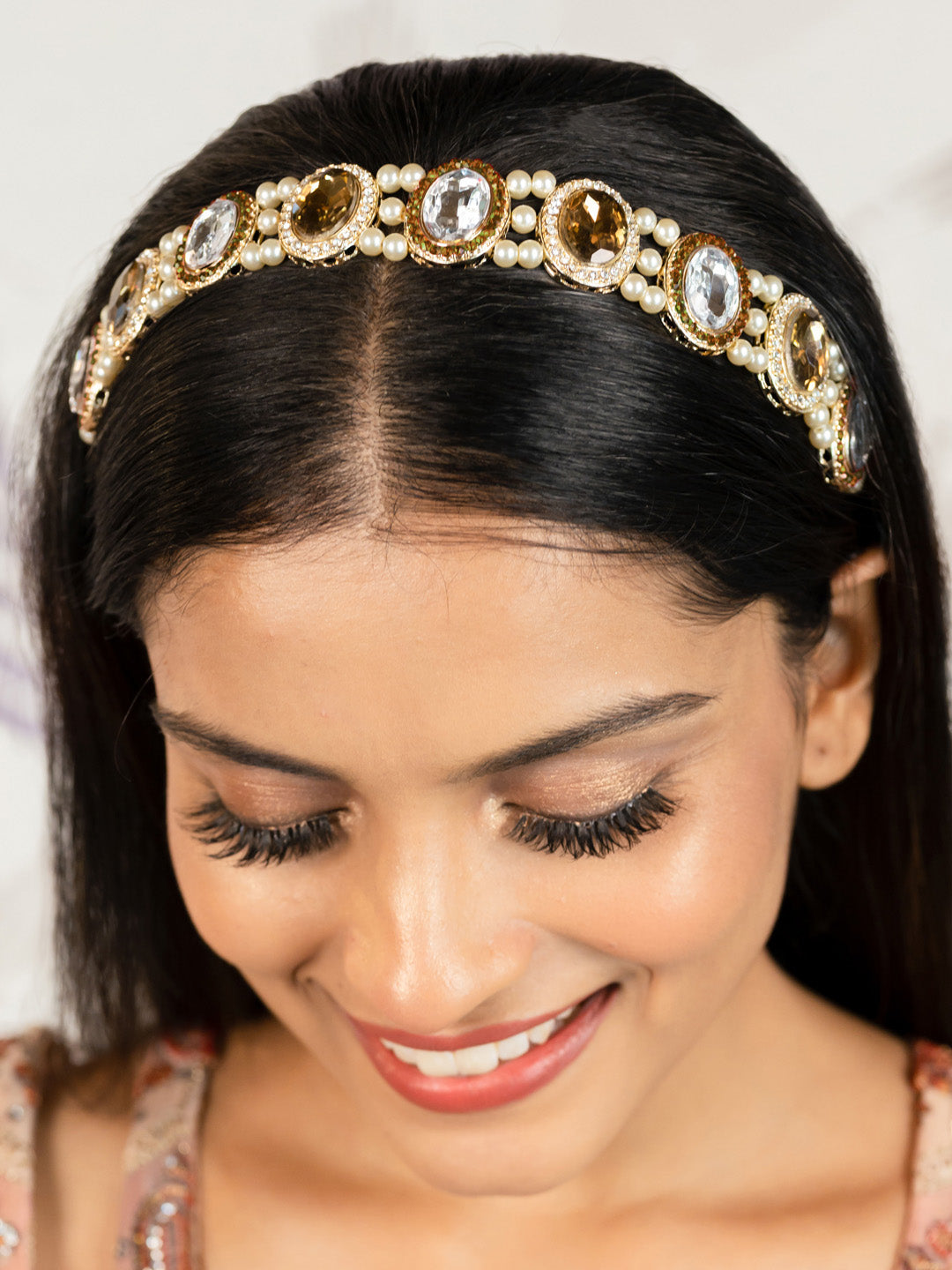 Women Gold Hair Band With Pearls And Crystals