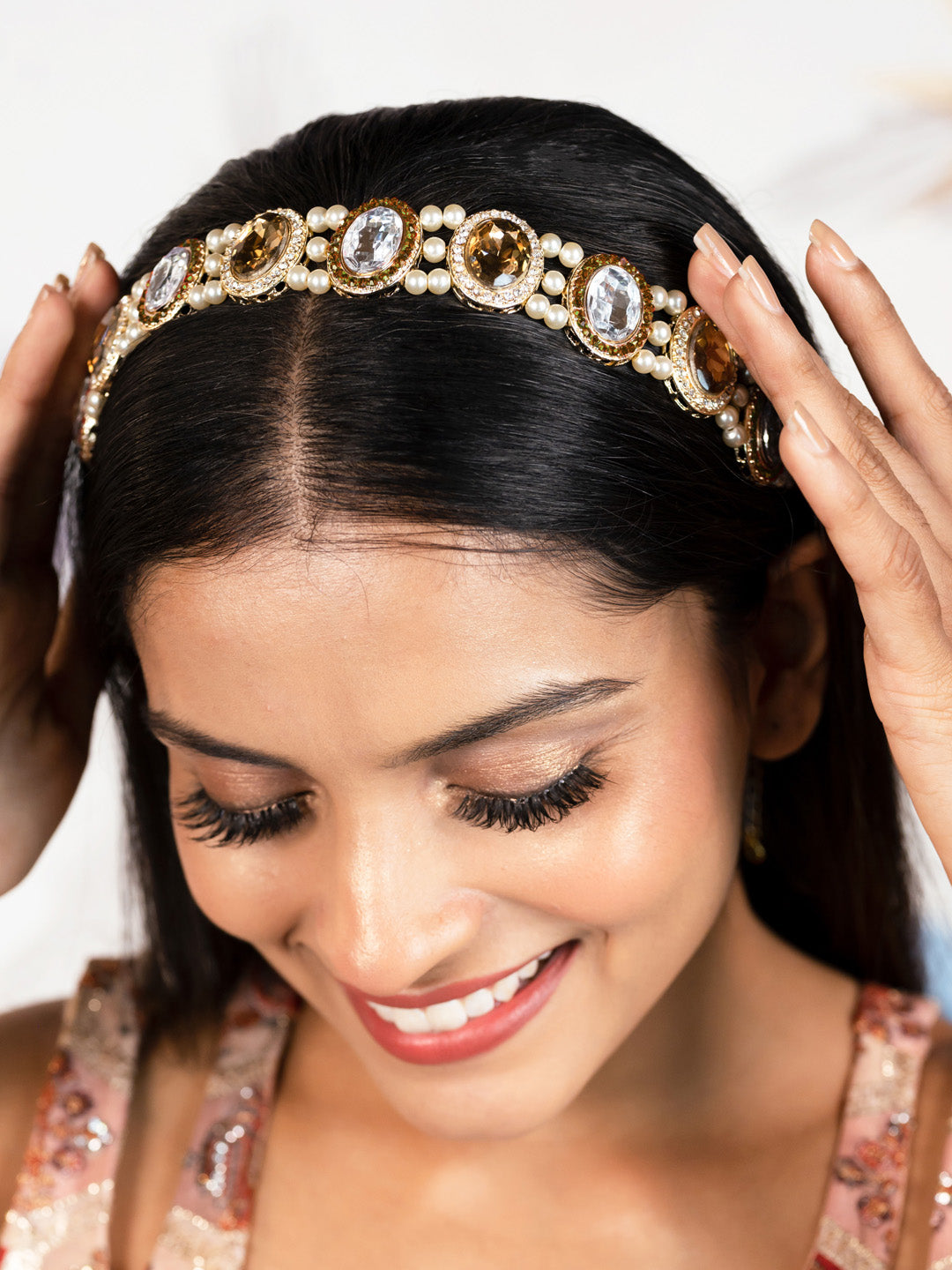 Women Gold Hair Band With Pearls And Crystals