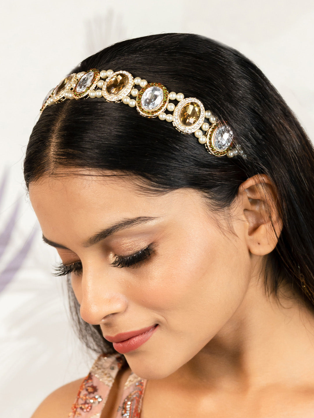 Women Gold Hair Band With Pearls And Crystals