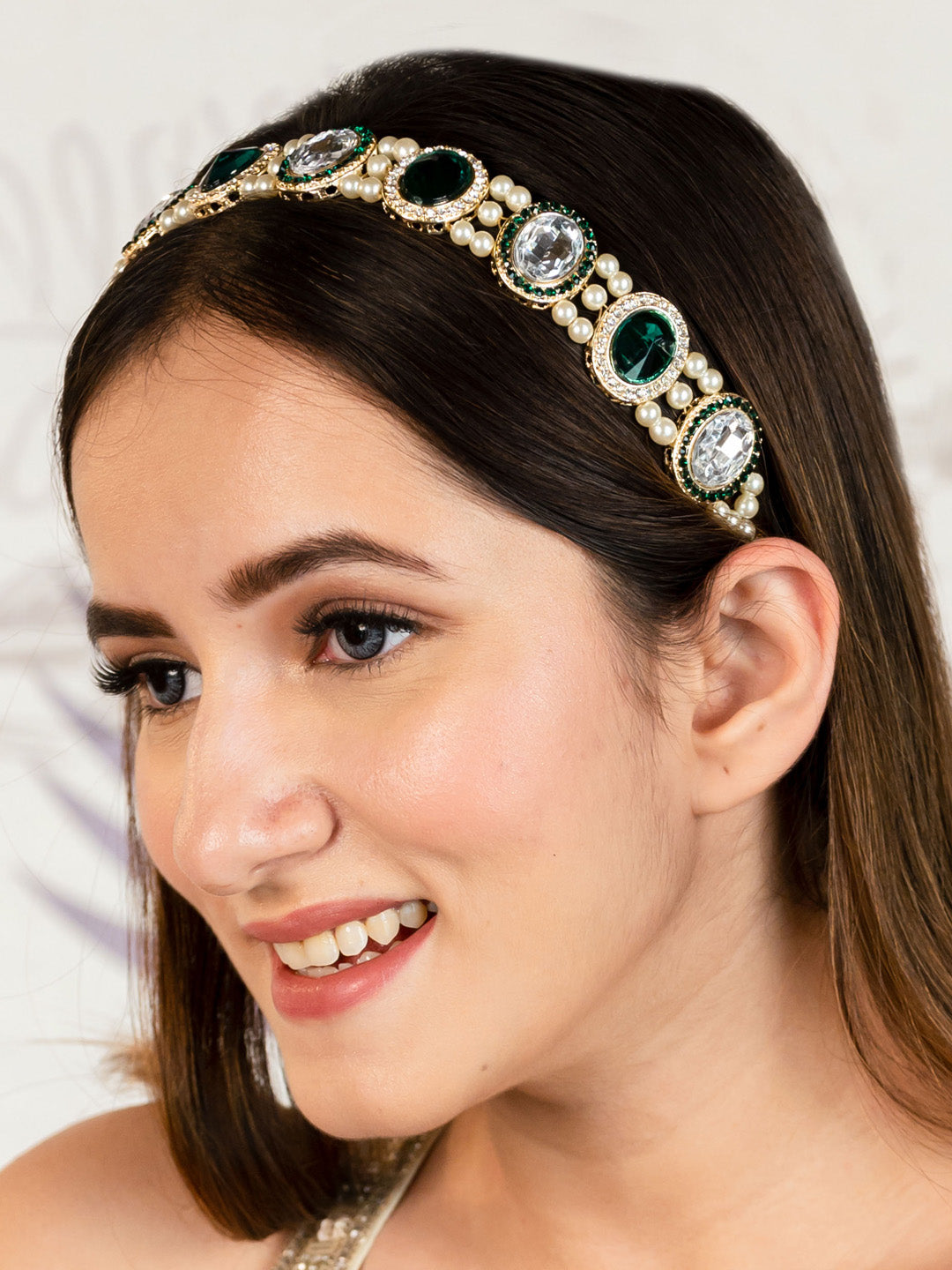Women Green Hair Band With Pearls And Crystals