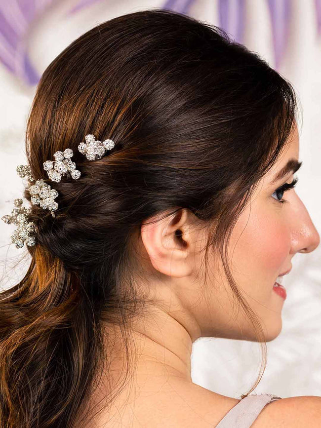 Silver Embellished Pearls U Pins Set of 4