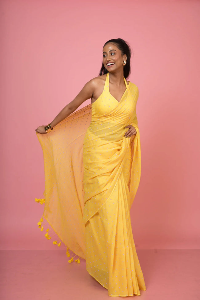 Basant Bahar Yellow Handloom Mul Cotton Polka Dotted Saree