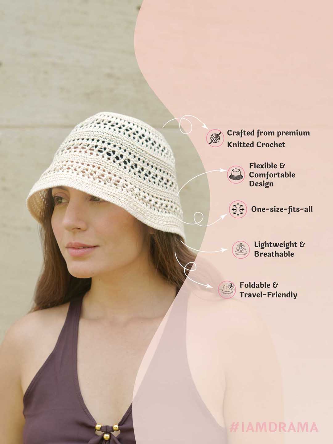 White Hollow Knitted Crochet Sun Bucket Hat