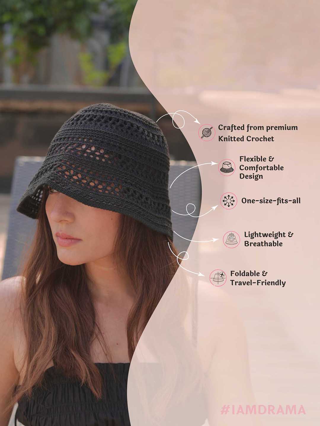 Black Knitted Crochet Sun Bucket Hat