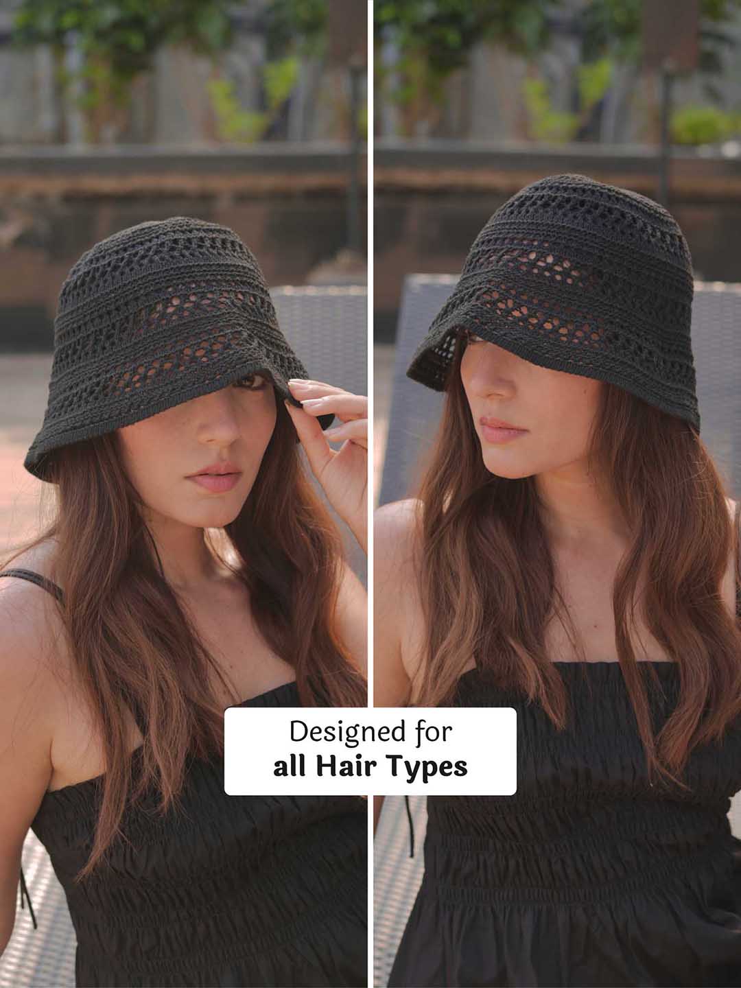 Black Knitted Crochet Sun Bucket Hat