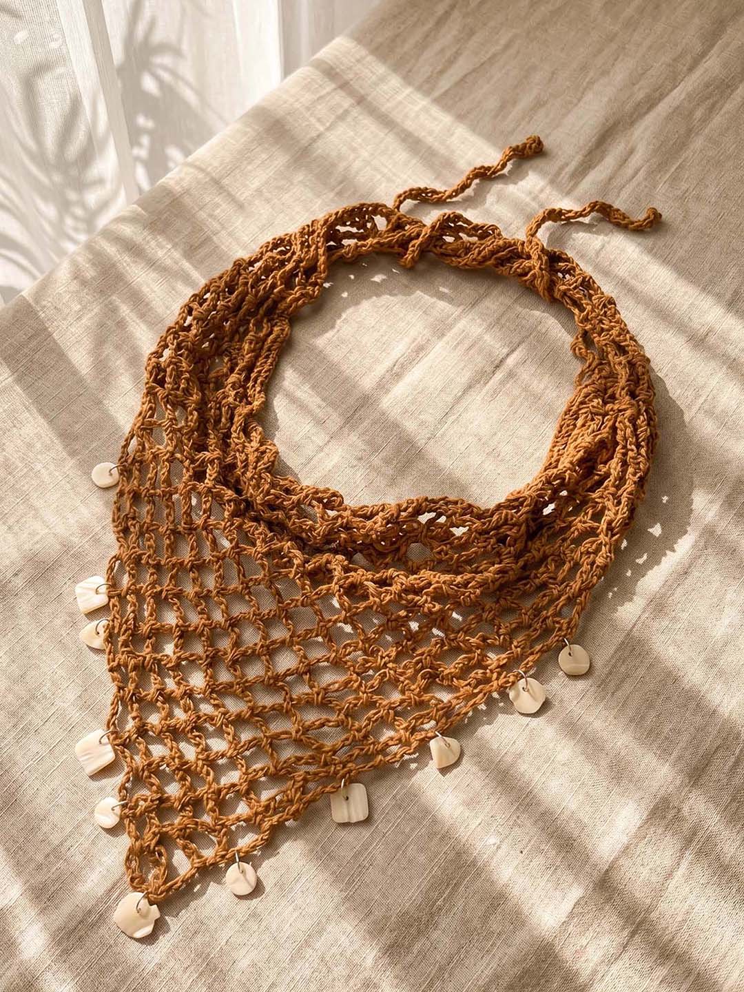 Brown Bohemian Crochet Headscarf with Shell Charms