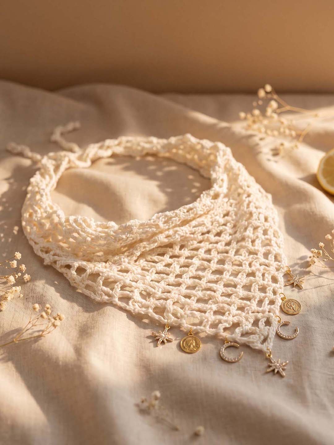 Off-white Bohemian Crochet Headscarf with Celestial Charms