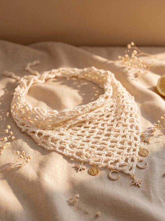 Off-white Bohemian Crochet Headscarf with Celestial Charms