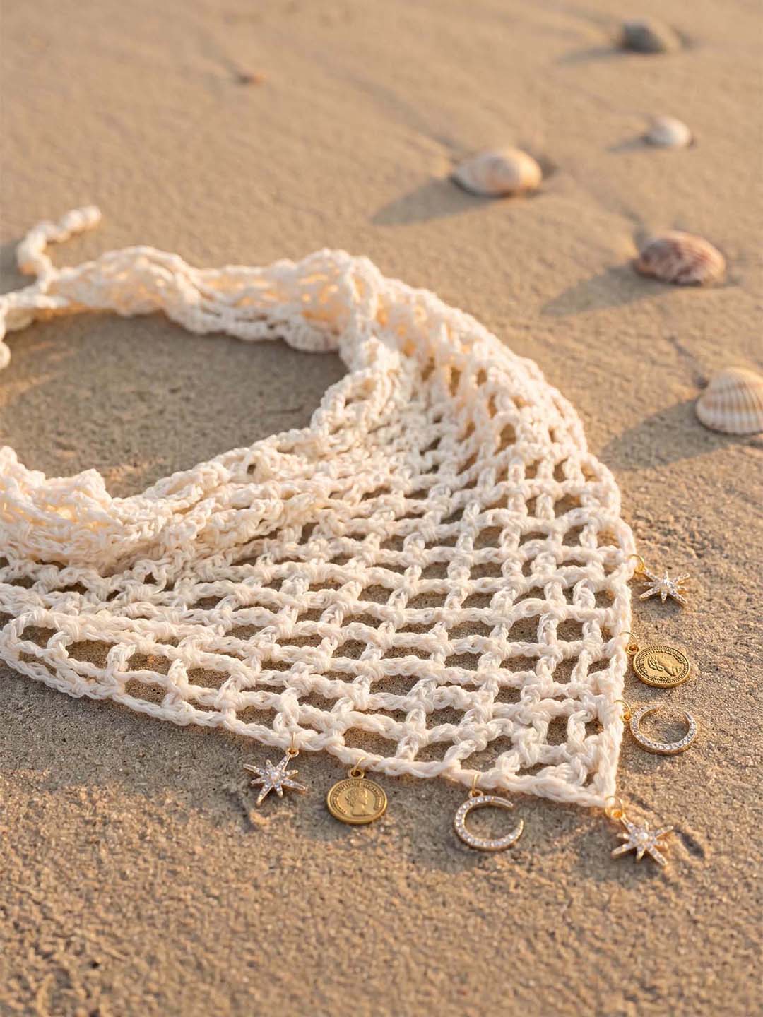 Off-white Bohemian Crochet Headscarf with Celestial Charms
