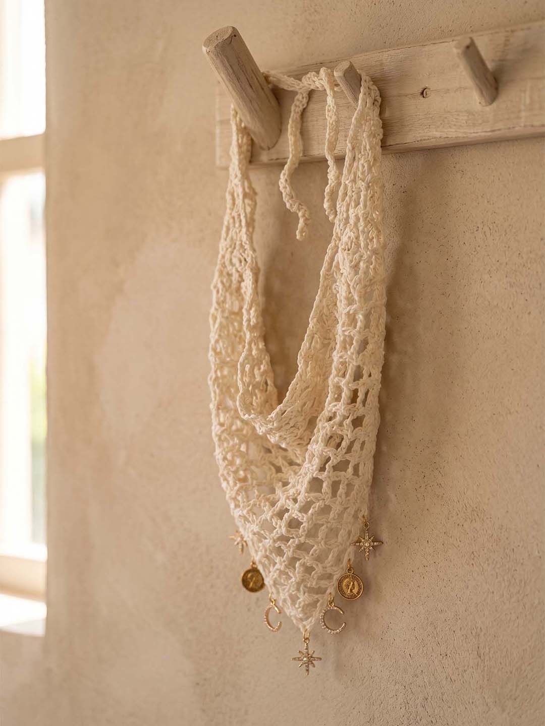 Off-white Bohemian Crochet Headscarf with Celestial Charms