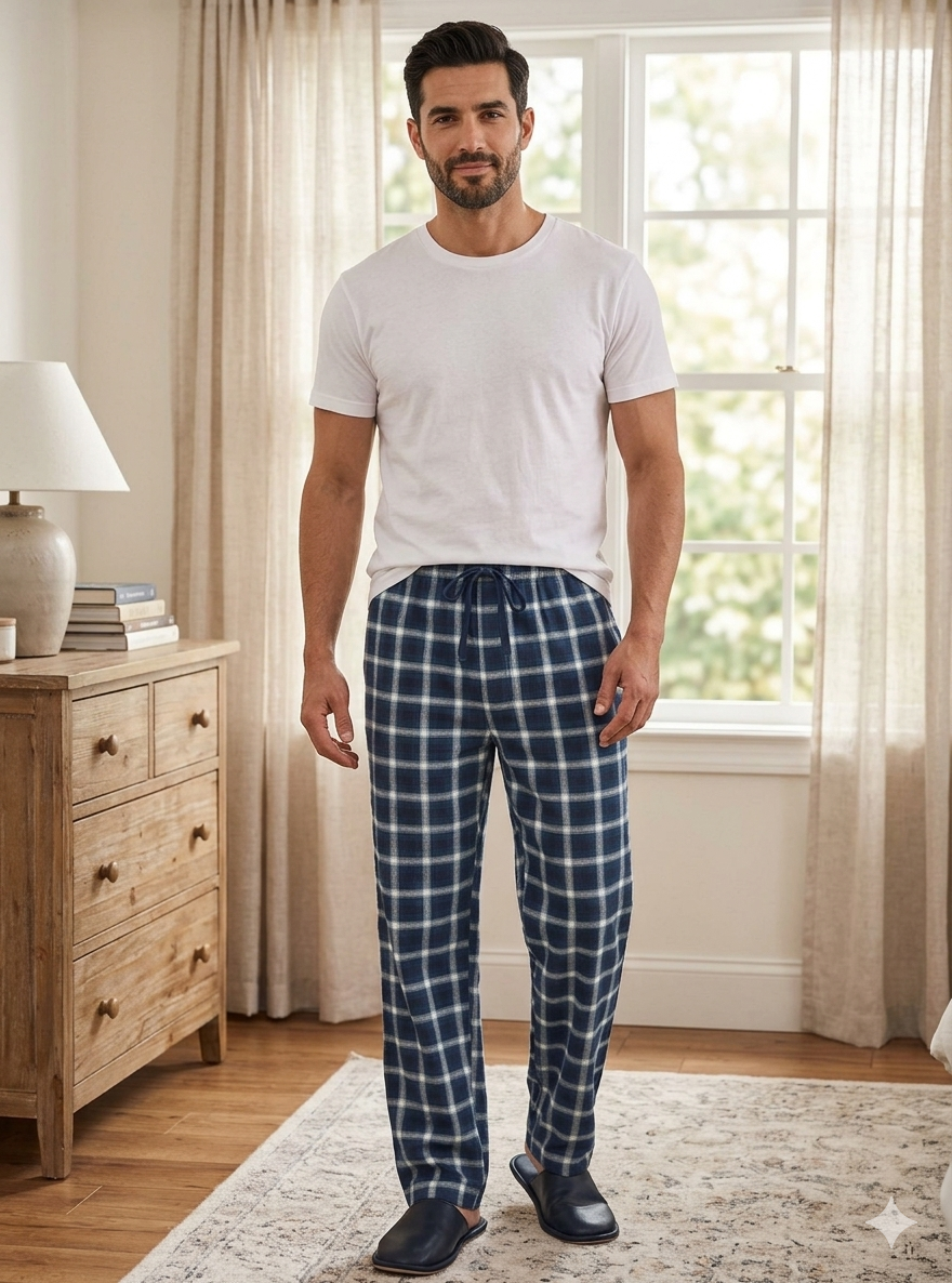 Men Blue & White Plaid Pants